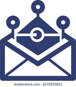 Ein stilisiertes blaues Symbol, das einen offenen Umschlag mit einer komplexen digitalen Netzwerkanschlussüberlagerung darstellt und moderne elektronische Kommunikation und Datenaustausch symbolisiert.