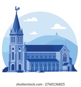 A stylized blue illustration of Dalat's St. Nicholas Cathedral, featuring its iconic Gothic spire topped with a rooster weather vane against a backdrop of rolling hills