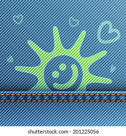 Stylized blue jeans background with horizontal sewing seam and smiling sun and hearts