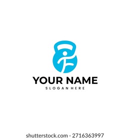 A stylized blue kettlebell logo featuring a silhouette of a person in motion, suggesting fitness and activity. The text 'YOUR NAME SLOGAN HERE' is below.