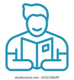 Stylized Blue Line Art: Person Reading a Book with a Smile