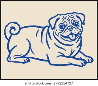 Stylized blue line illustration of pug dog lying down with curled tail wrinkled face and tongue out on beige background