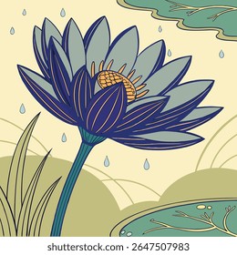 Vetor de flor de lótus azul estilizado em um ambiente de lagoa sereno com gotas de chuva e almofadas de lírio. A beleza da natureza, design pacífico.