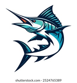 A stylized blue marlin leaps out of the water with its mouth open wide, showcasing its sharp bill and vibrant colors against a white background