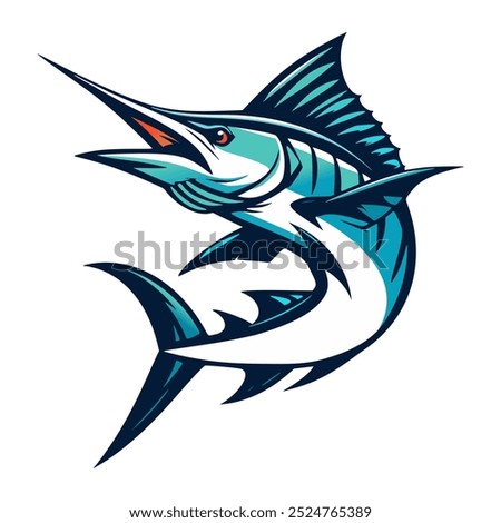 A stylized blue marlin leaps out of the water with its mouth open wide, showcasing its sharp bill and vibrant colors against a white background