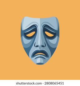 A stylized blue mask depicting sadness, with a downturned mouth and heavy eyes, set against an orange background.