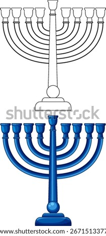 Stylized blue menorah vector, shown in both colored and black outline versions, isolated background