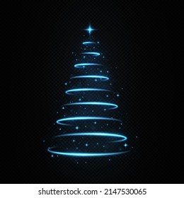 Stylized blue Merry Christmas tree silhouette from shiny circle particles on black transparent background.