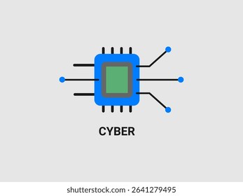 A stylized blue microchip with a green square core and black connecting pins extending outwards