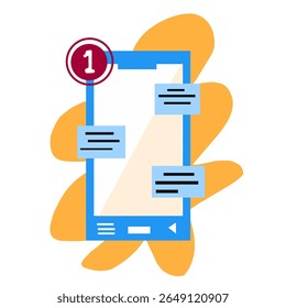 A stylized blue mobile phone displaying a messaging interface with three light blue text bubbles, one containing a red "1" new message indicator, on an abstract yellow background