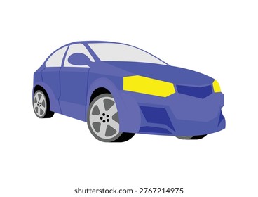 A stylized blue modern sedan or hatchback car featuring yellow headlights and alloy wheels, isolated on a white background, designed for automotive marketing, mechanical service icons, and vehicle sales materials.
