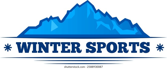 Stylized blue mountain range capturing the essence of winter sports, featuring text and snowflakes, perfect for businesses focused on winter activities and outdoor adventures