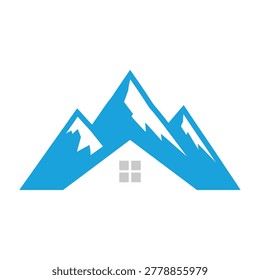 A stylized blue mountain range silhouette with a house shape in the foreground, symbolizing a peaceful retreat or eco-friendly home. Ideal for nature-inspired branding or real estate marketing materials.