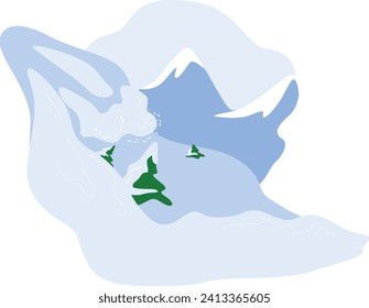 Stylized blue mountains with green pine trees and snow caps. Simple winter landscape, nature scene vector illustration.