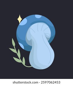 A stylized blue mushroom with a leaf on a dark background. The mushroom has a glossy appearance with a magical sparkle. Nature and fantasy concept. Flat cartoon vector illustration