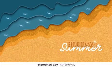 Stylized blue ocean wave on sandy beach with place for text. Cut out a paper pattern of abstract wave. Summer vacation background.Vector illustration