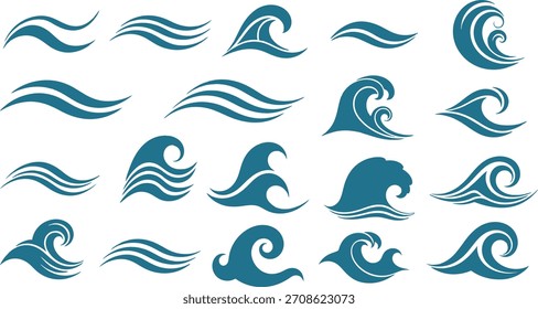 Ondas azuis estilizadas do oceano, elementos abstratos da corrente da água, conjunto de símbolos gráficos da onda do mar e coleção de ícones Vetor