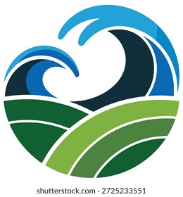 Las estilizadas olas azules del océano se estrellan sobre colinas verdes en un diseño abstracto circular que simboliza la naturaleza y la armonía ambiental