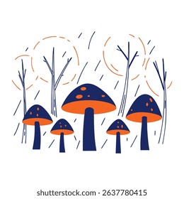Stylized Blue and Orange Mushroom Cluster