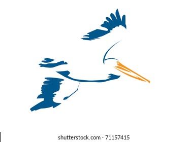 stylized blue and orange pelican isolated on white background