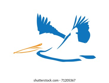 stylized blue and orange pelican isolated on white background