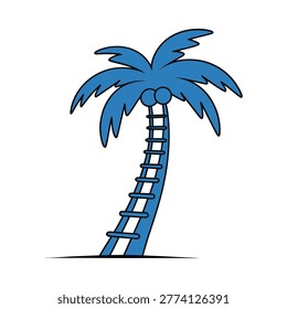 Stylized blue palm tree illustration features a ladder, evoking tropical and playful themes.