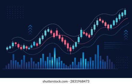 Stylized blue and pink candlestick chart with moving averages and volume bars on dark background — financial market trend visualization
