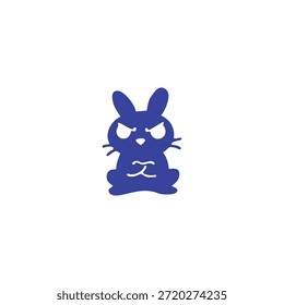 Um coelho azul estilizado com uma expressão irritada é representado em um fundo branco plano.