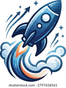 A stylized blue rocket ascends into the starry sky, leaving a trail of fire and smoke. Symbolizes growth, innovation, and new beginnings.