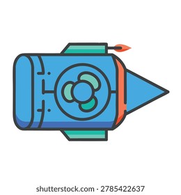 A stylized blue rocket with a central propeller, sharp nose cone, and stabilizing fins, featuring a small exhaust flame.