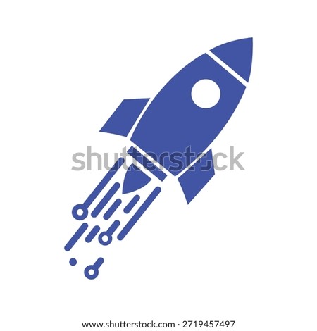 A stylized blue rocket icon is depicted in flight, with visible exhaust trailing behind.