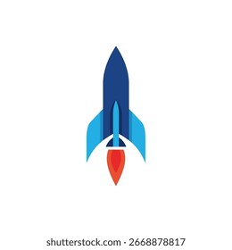 Eine stilisierte blaue Rakete mit roten Flammen, die nach oben startet.
