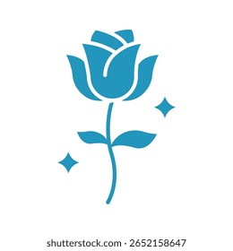 Stylized Blue Rose with Stem, Leaves, and Sparkles Illustration