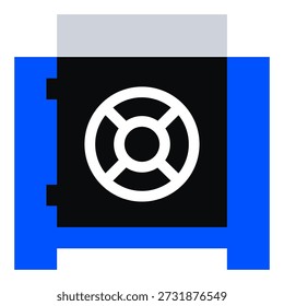 A stylized blue safe icon with a black door and white combination lock dial, symbolizing secure storage, data protection, cryptocurrency wallet, financial security, or locked savings, vault.