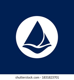 Stylized blue sail boat on a round  background. Logo for yacht. Vector image.