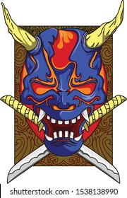 Stylized blue samurai mask with horn and fangs vector illustration 