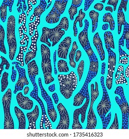 Stylized blue seaweed in vector seamless pattern for decoration, wrapping paper, textile.