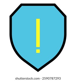 Stylized blue shield icon features a prominent yellow exclamation point, indicating a warning or alert Suitable for web design or user interface projects