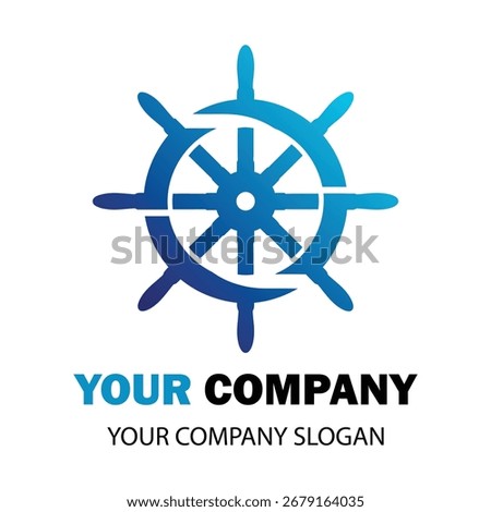A stylized blue ship's steering wheel, representing control and direction, is presented clearly against a white background. This nautical symbol is perfect for businesses related to shipping, travel,