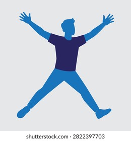 A stylized blue silhouette of a man jumping with arms and legs spread wide, isolated on a light gray background, representing joy, freedom, success, and active lifestyle.