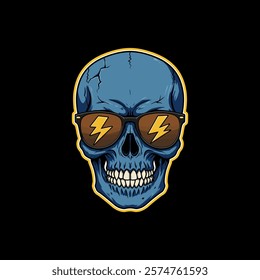 A stylized blue skull with cracked texture is depicted wearing sunglasses with lightning bolt designs.
