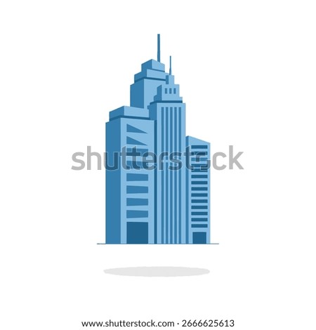 Stylized blue skyscraper illustration against a white background.