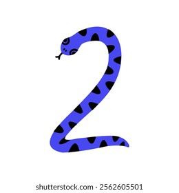 Stylized blue snake with spots forming the numeral two. Snake symbol of the year. Vector hand drawn bold illustration