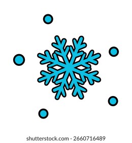 Eine stilisierte blaue Schneeflocke mit schwarzem Umriss ist zentral positioniert, umgeben von vier kleineren, ähnlich farbigen Kreisen.