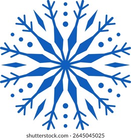 Copo de nieve azul estilizado con puntos está aislado sobre fondo blanco y representa el invierno, Navidades, Clima frío, heladas y temporada congelada