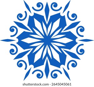 Floco de neve azul estilizado com redemoinhos intrincados e bordas afiadas, evocando uma atmosfera mágica de inverno perfeita para melhorar desenhos festivos e decorações de férias