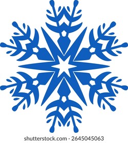 Stylized blue snowflake resting on a crisp white background, evoking feelings of Christmas, winter holidays, and the beauty of ice and snow during the chilly season