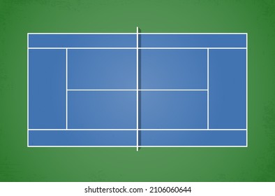 Stylized Blue Tennis Court With Green Surroundings And Grungy Texture - Vector Illustration