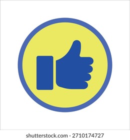 Icono azul estilizado de pulgares hacia arriba centrado en una insignia circular amarilla con borde azul. Ideal para Aprobación, Asistencia o Comentarios positivo en interfaces digitales.