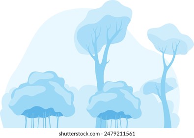 Stylized blue trees abstract landscape, surreal forest representation, graphic background design. Vector art illustration trees varying heights, isolated white background. Naturethemed artwork